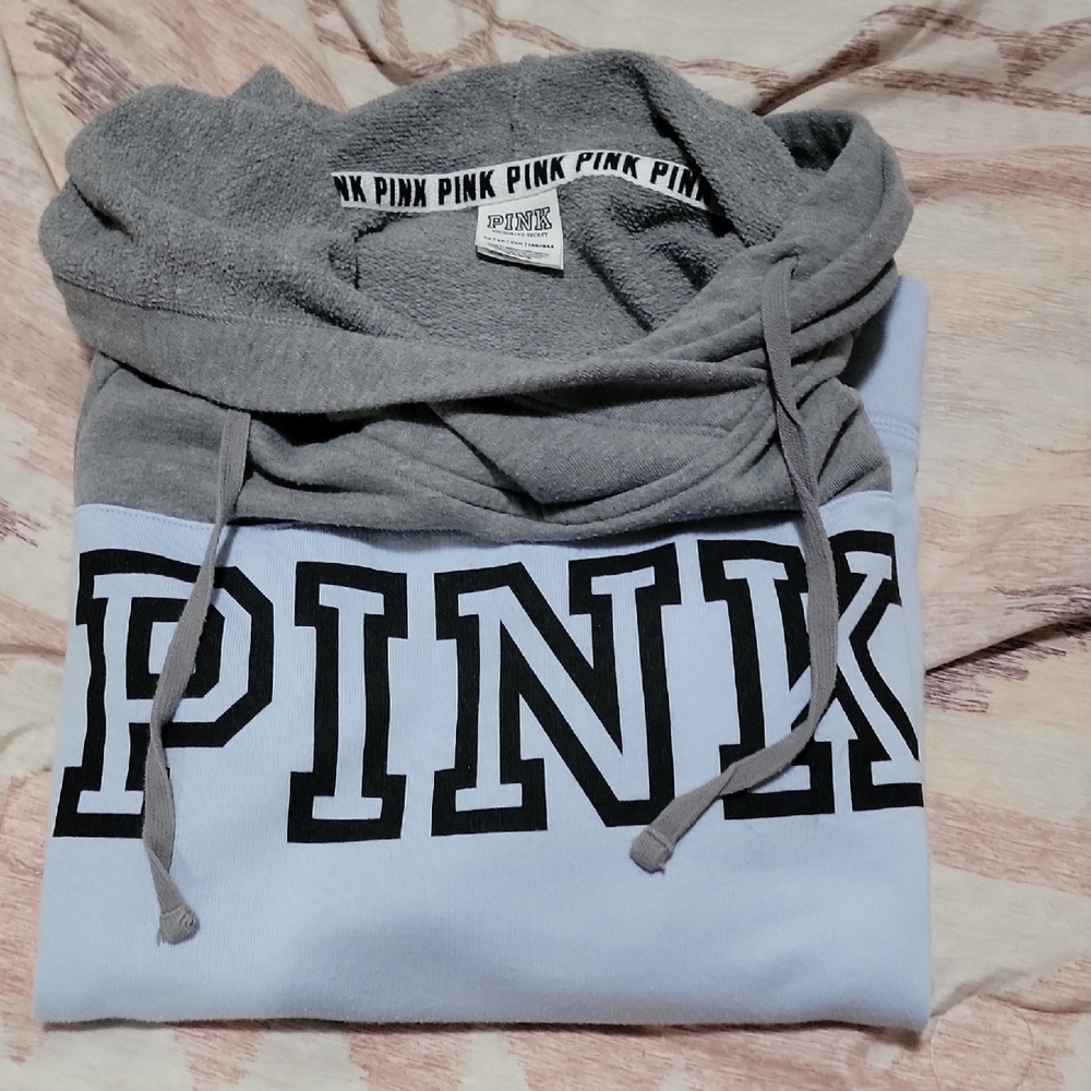 PINK Victoria's Secret Gray and Light Blue Cowl Neck Hoodie